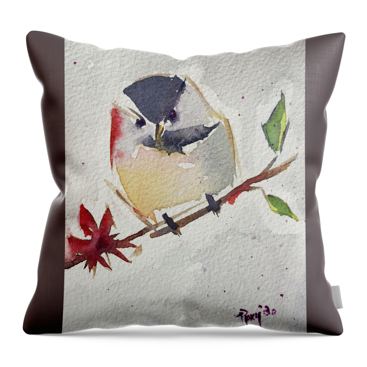 Chickadee Throw Pillow featuring the painting Fat little Chickadee by Roxy Rich