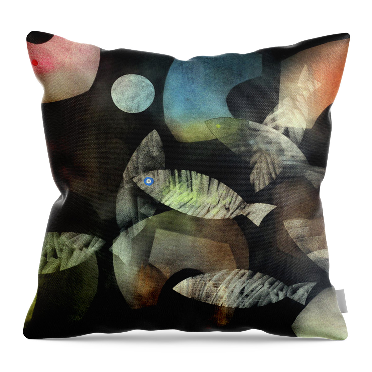 Abstract Throw Pillow featuring the painting Fish Moon by Winston Saoli 1950-1995