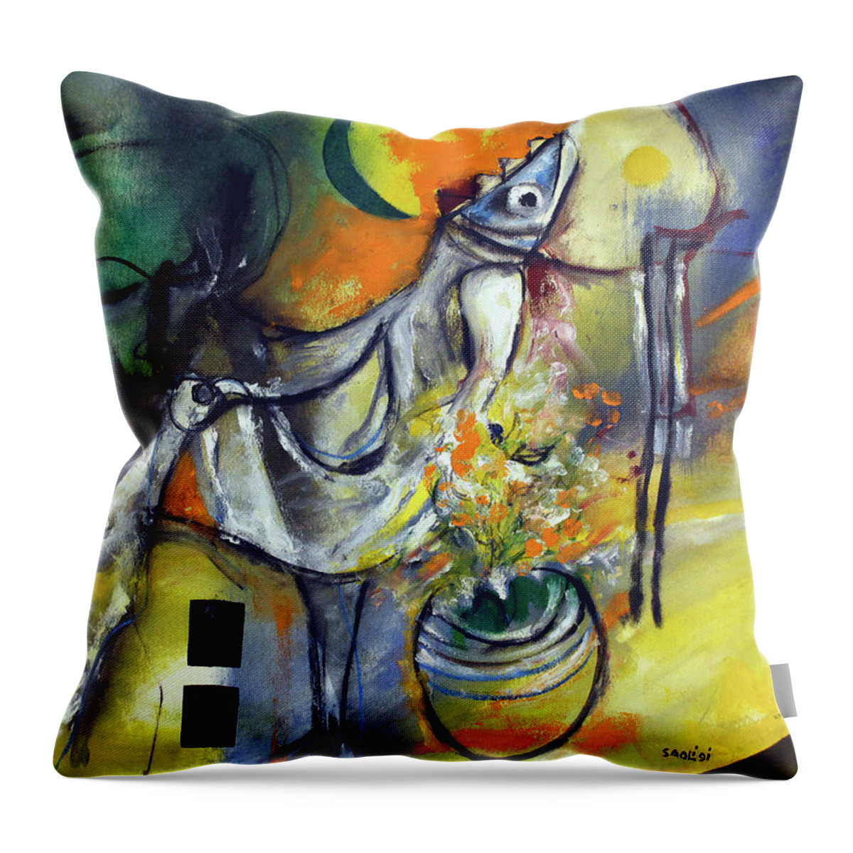 African Art Throw Pillow featuring the painting Fishbirdman I am by Winston Saoli 1950-1995