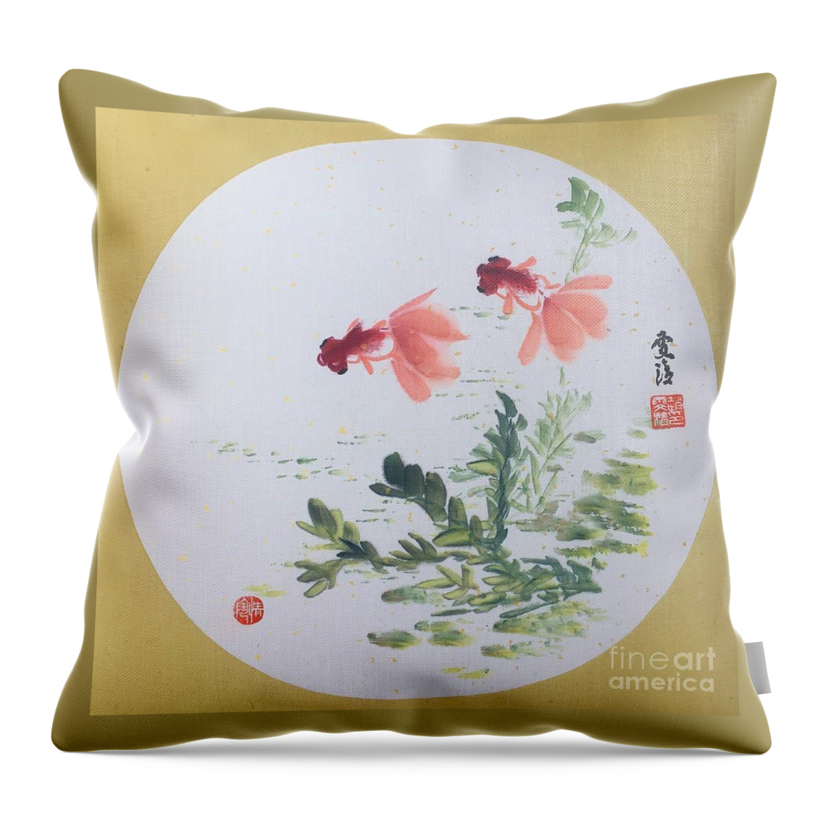 Gold Throw Pillow featuring the painting Fishes Joy by Carmen Lam