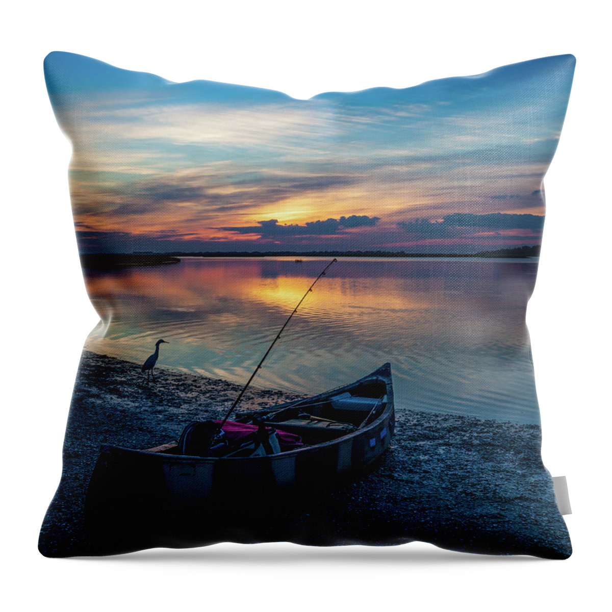 Canoe Throw Pillow featuring the photograph Fishing on the Salt Marsh by Lon Dittrick