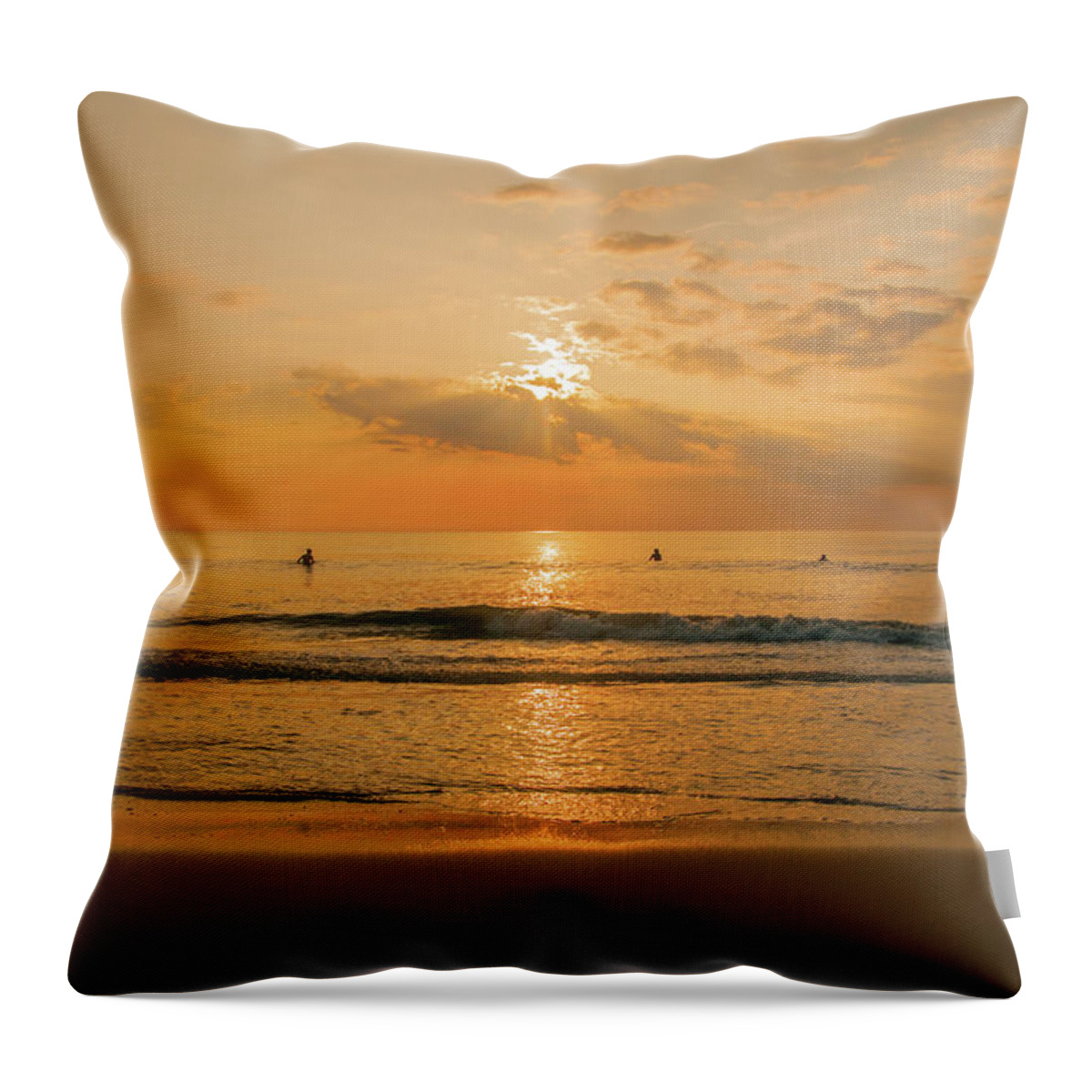 Surfing Throw Pillow featuring the photograph Five Surfers at Sunrise by John Quinn