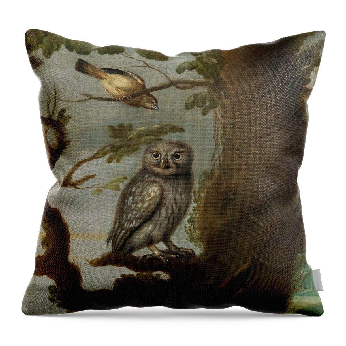 Travel Throw Pillow featuring the painting Flemish School Century An owl and a hoopoe and other birds in a tree by MotionAge Designs
