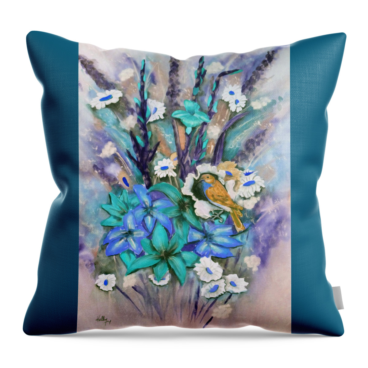 Flowers Throw Pillow featuring the mixed media Flower Bouquet n' Bird by Kelly Mills