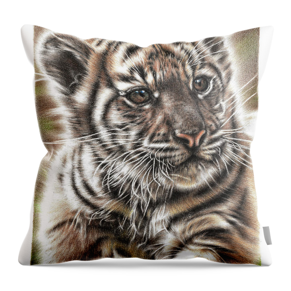 Tiger Throw Pillow featuring the drawing Fluffy Tiger Cub by Casey 'Remrov' Vormer