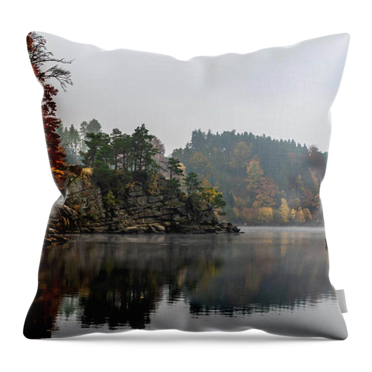 Austria Throw Pillow featuring the photograph Foggy Landscape With Fishermans Boat On Calm Lake And Autumnal Forest At Lake Ottenstein In Austria by Andreas Berthold