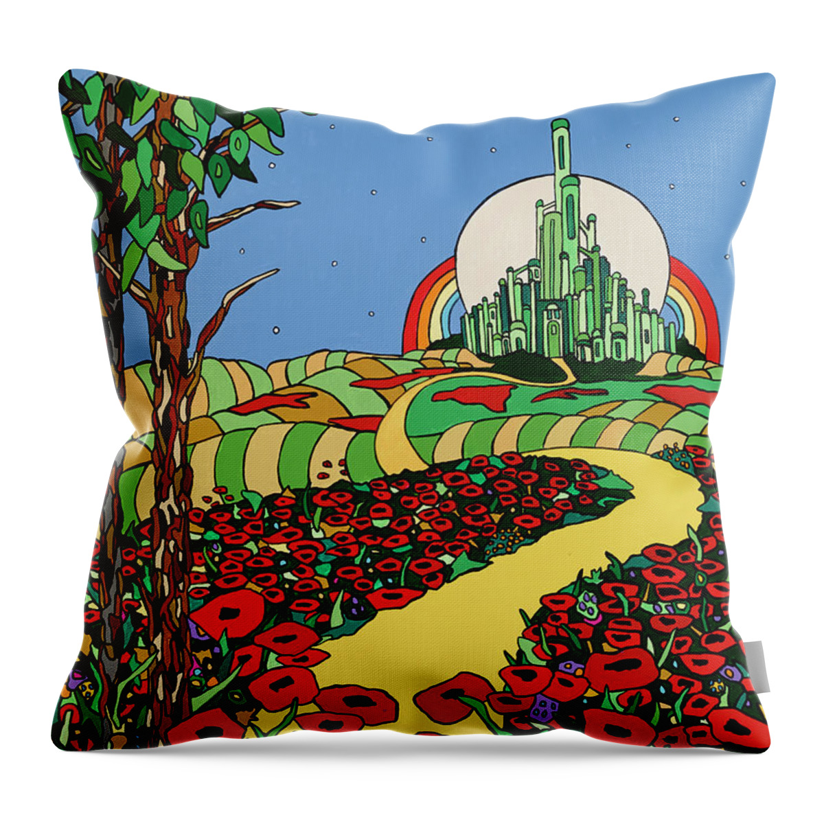 Wizard Of Oz Dorothy Toto Red Slippers Scarecrow Cowardly Lion Tin Man Wicked Witch Throw Pillow featuring the painting Follow the Yellow Brick Road by Mike Stanko