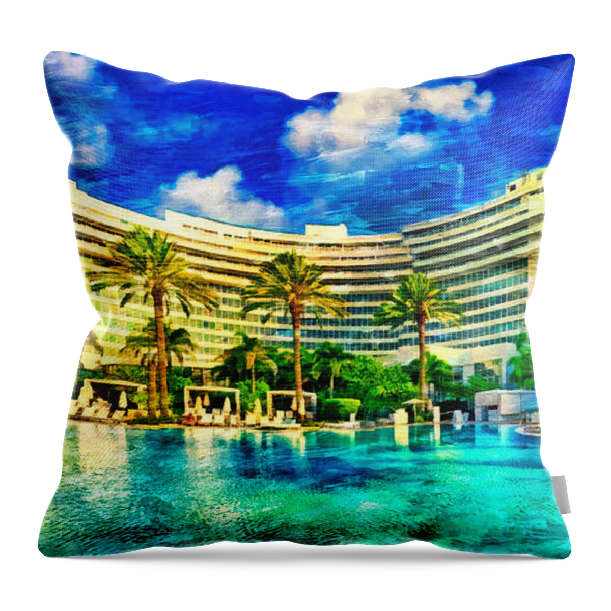 Fontainebleau Miami Beach Throw Pillow featuring the digital art Fontainebleau Miami Beach seen from the swimming pool - oil painting by Nicko Prints