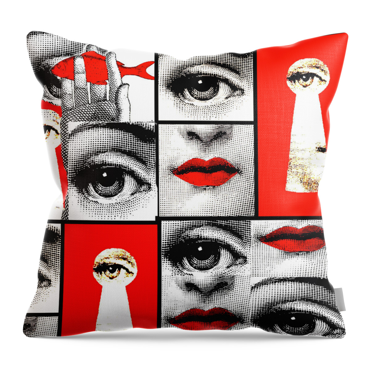 Fornasetti Collage eys,lips, keyholw, Red Throw Pillow by Kasey