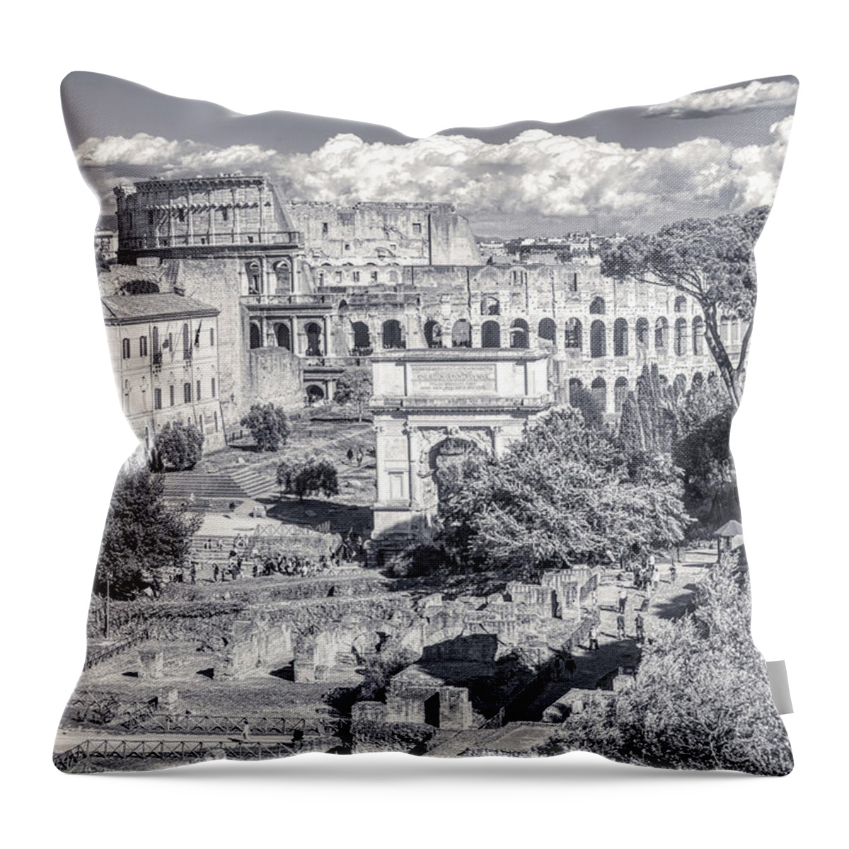 Italian Scene Throw Pillow featuring the photograph Forum Romanum with The Colosseum in the background BW by Stefano Senise