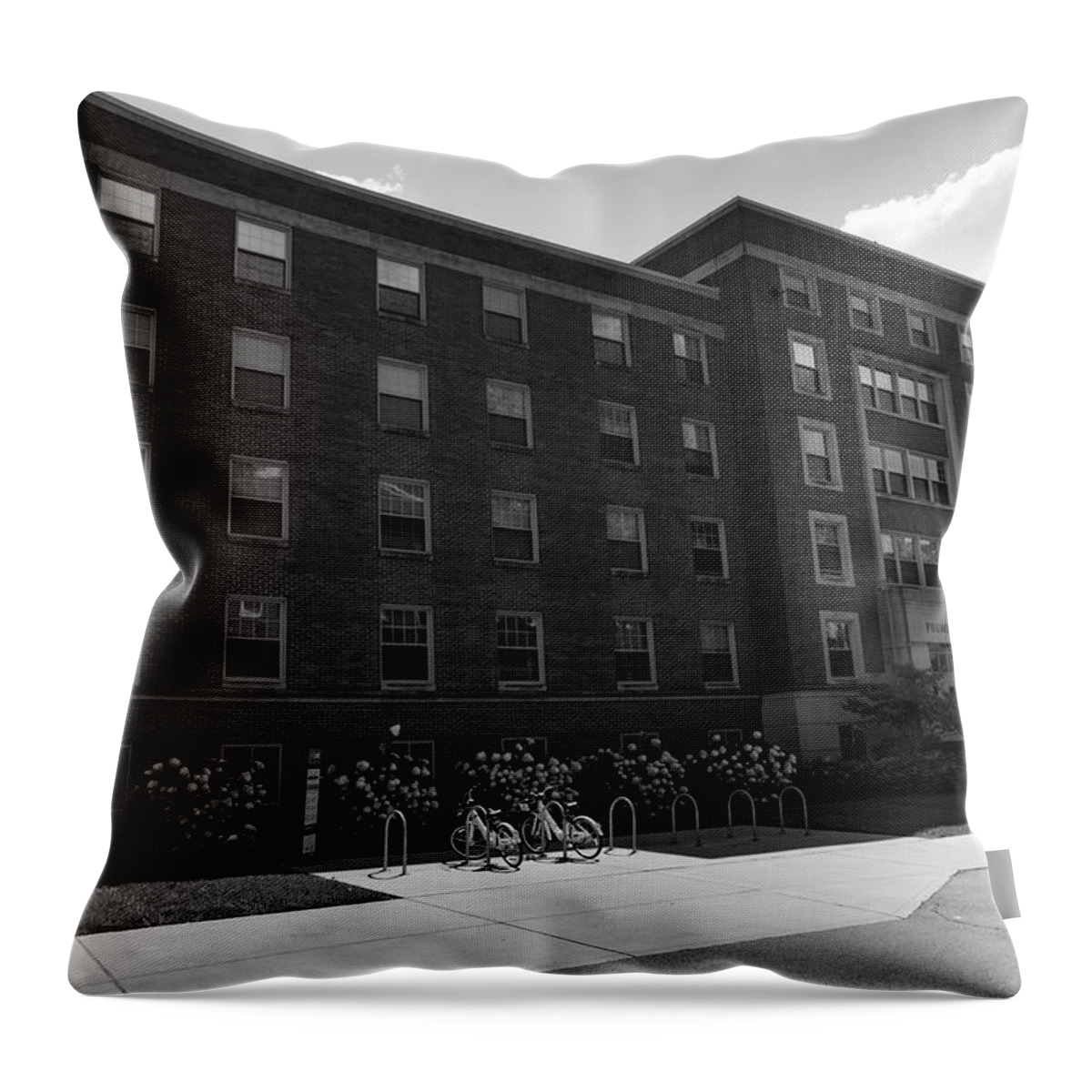 Private College Throw Pillow featuring the photograph Founders Hall at the University of Dayton in black and white by Eldon McGraw