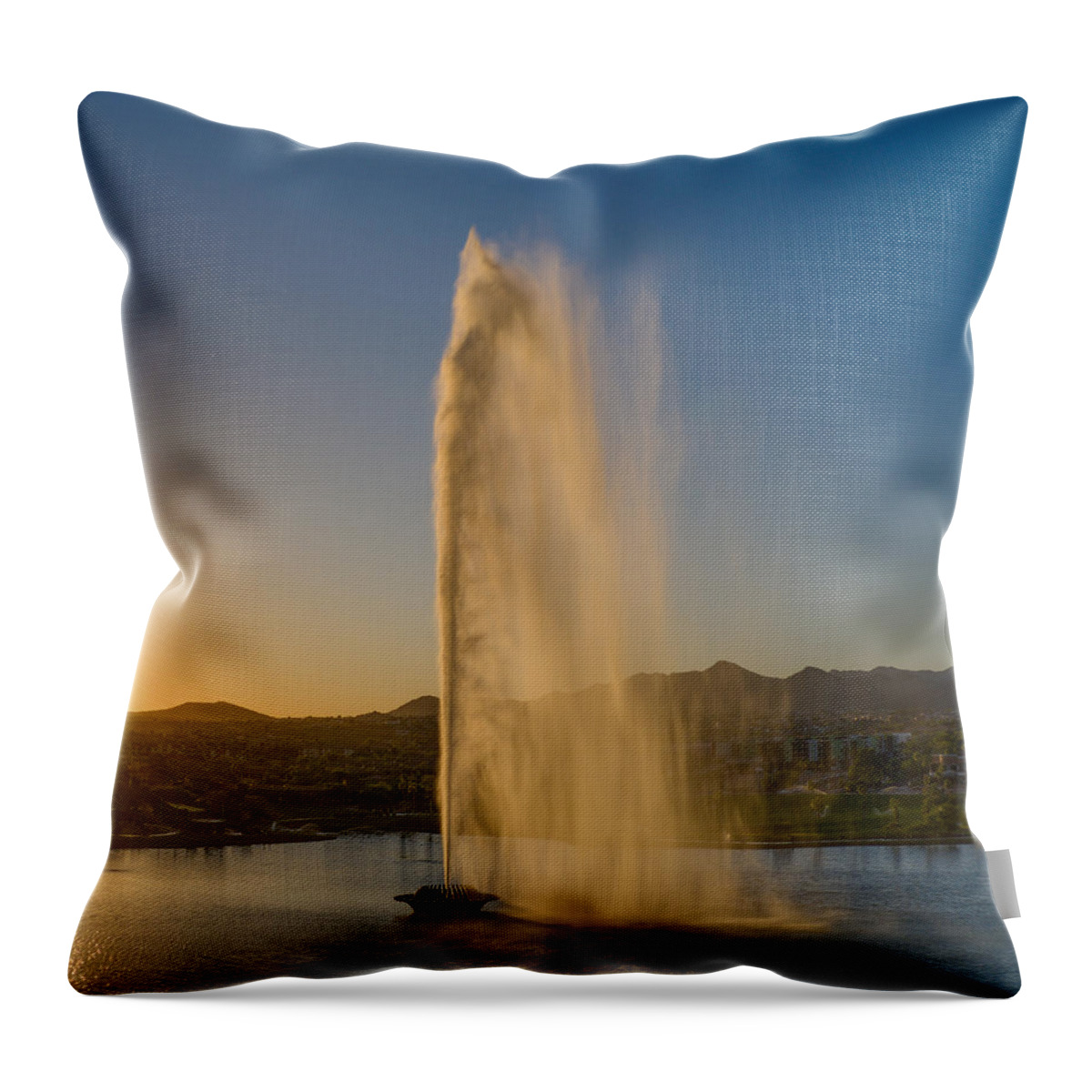 Arizona Throw Pillow featuring the photograph Fountain Hills, Arizona Fountain Golden Hour Sunlight by Anthony Giammarino