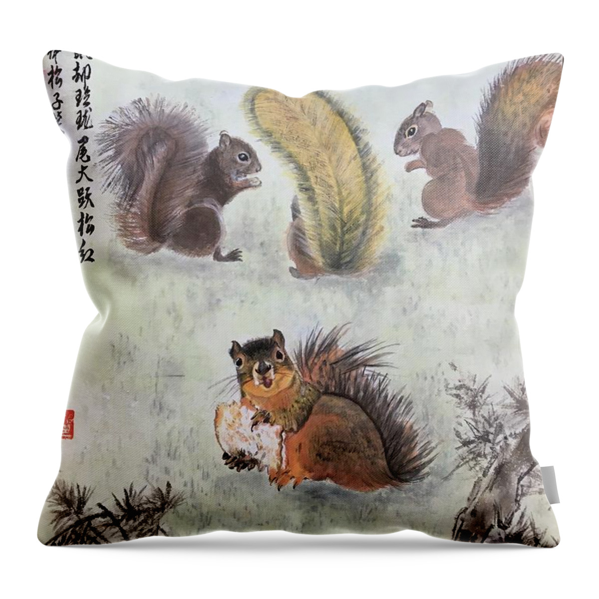 Squirrel Throw Pillow featuring the painting Four Squirrels In The Neighborhood - 2 by Carmen Lam