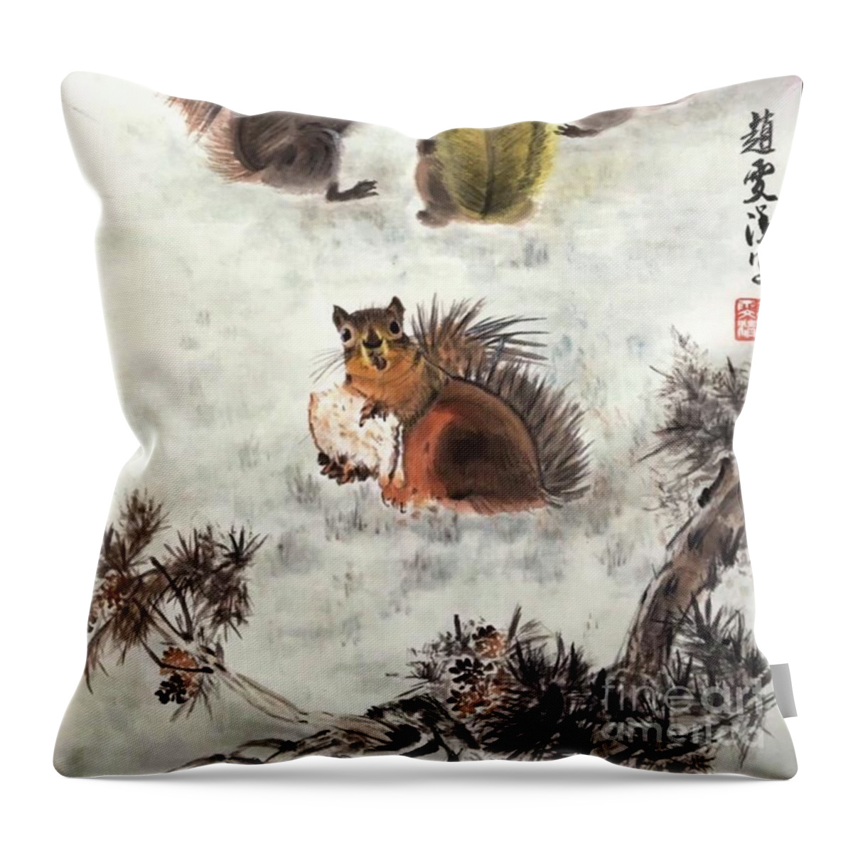 Squirrels Throw Pillow featuring the painting Four Squirrels In The Neighborhood by Carmen Lam
