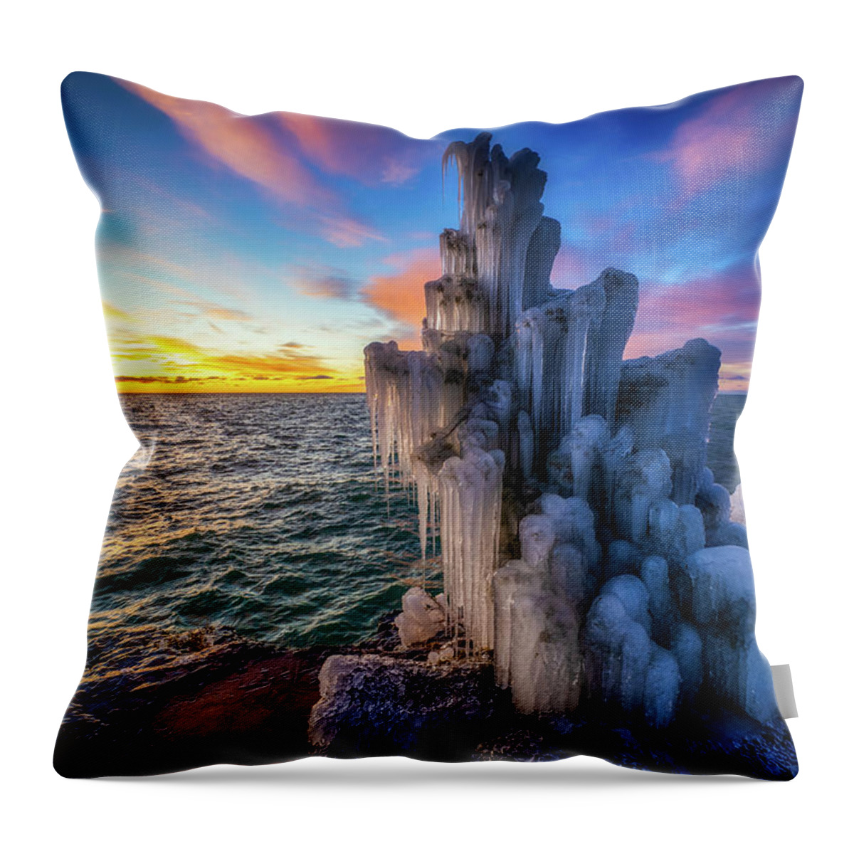 Door County Throw Pillow featuring the photograph Frozen Sunrise by Brad Bellisle