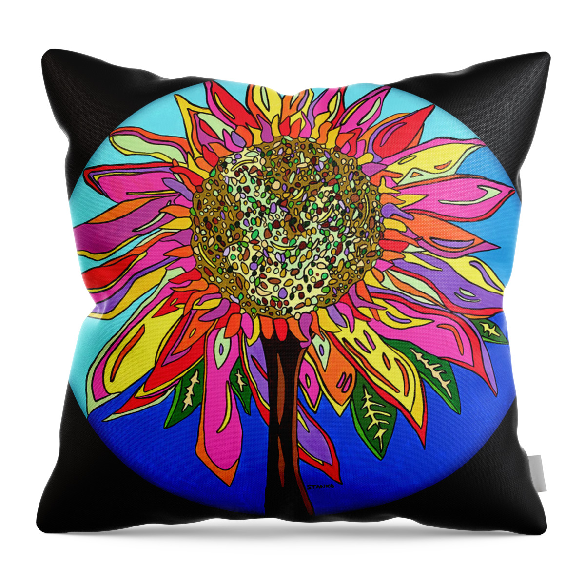Flower Psychedelic Colorerful Pop Art Throw Pillow featuring the painting FunFlower by Mike Stanko