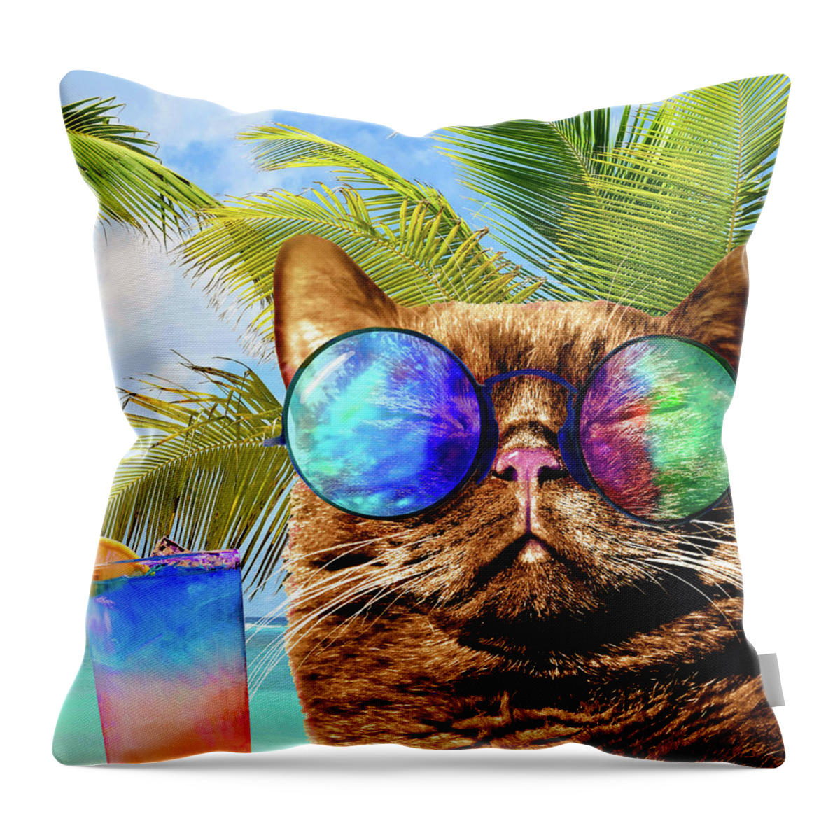 Cat Throw Pillow featuring the mixed media Funny Cat on Beach 675 by Lucie Dumas