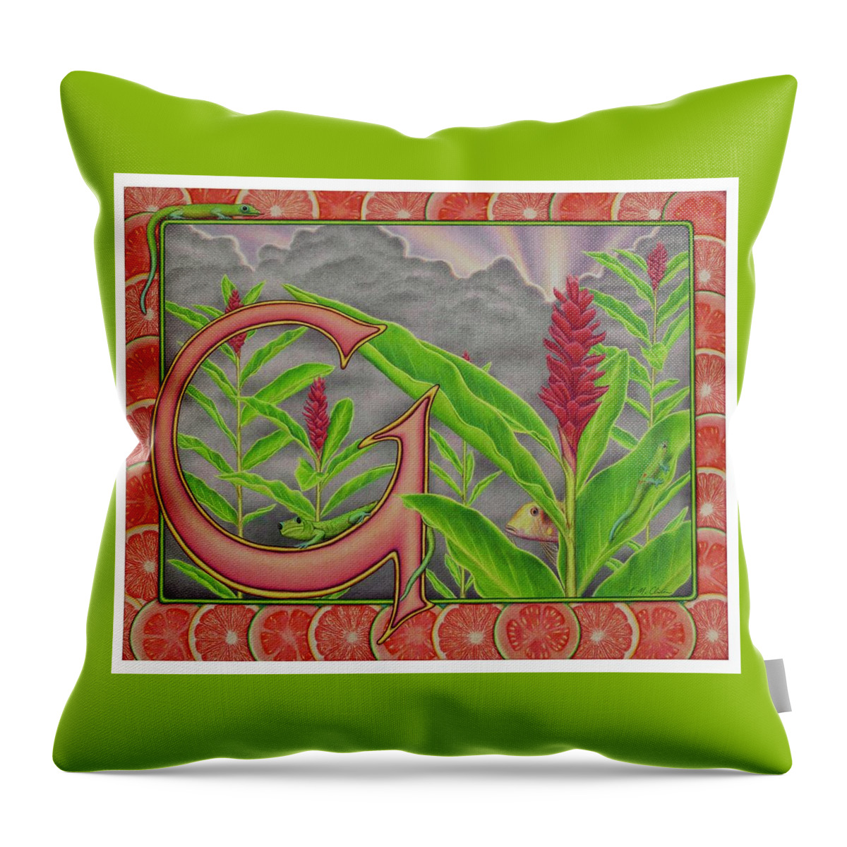 Kim Mcclinton Throw Pillow featuring the drawing G is for Gecko by Kim McClinton