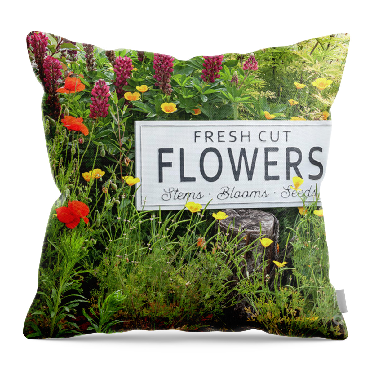 Arrangement Throw Pillow featuring the photograph Garden flowers with fresh cut flower sign 0771 by Simon Bratt