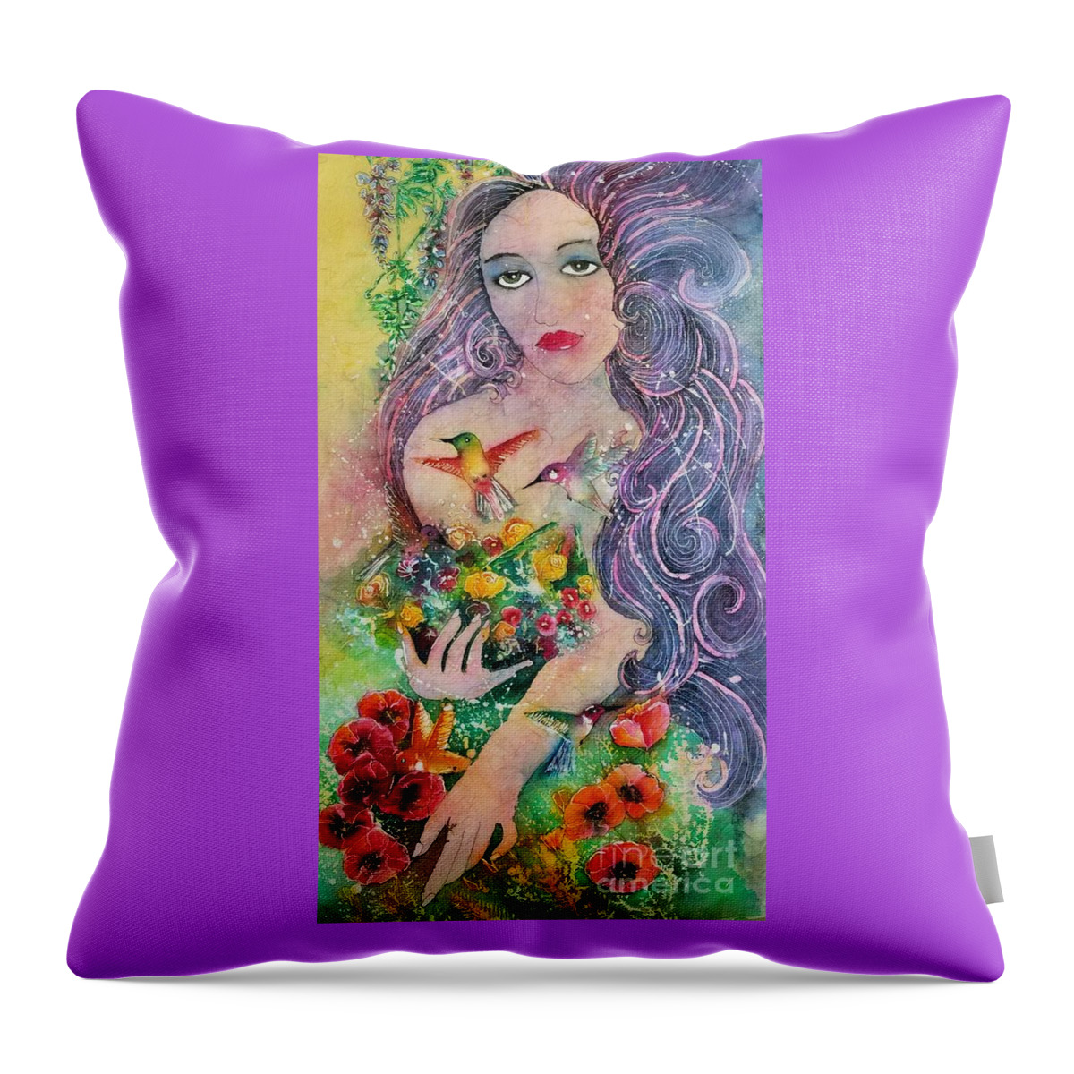 Garden. Goddess Throw Pillow featuring the painting Garden Goddess of the Hummingbird by Carol Losinski Naylor