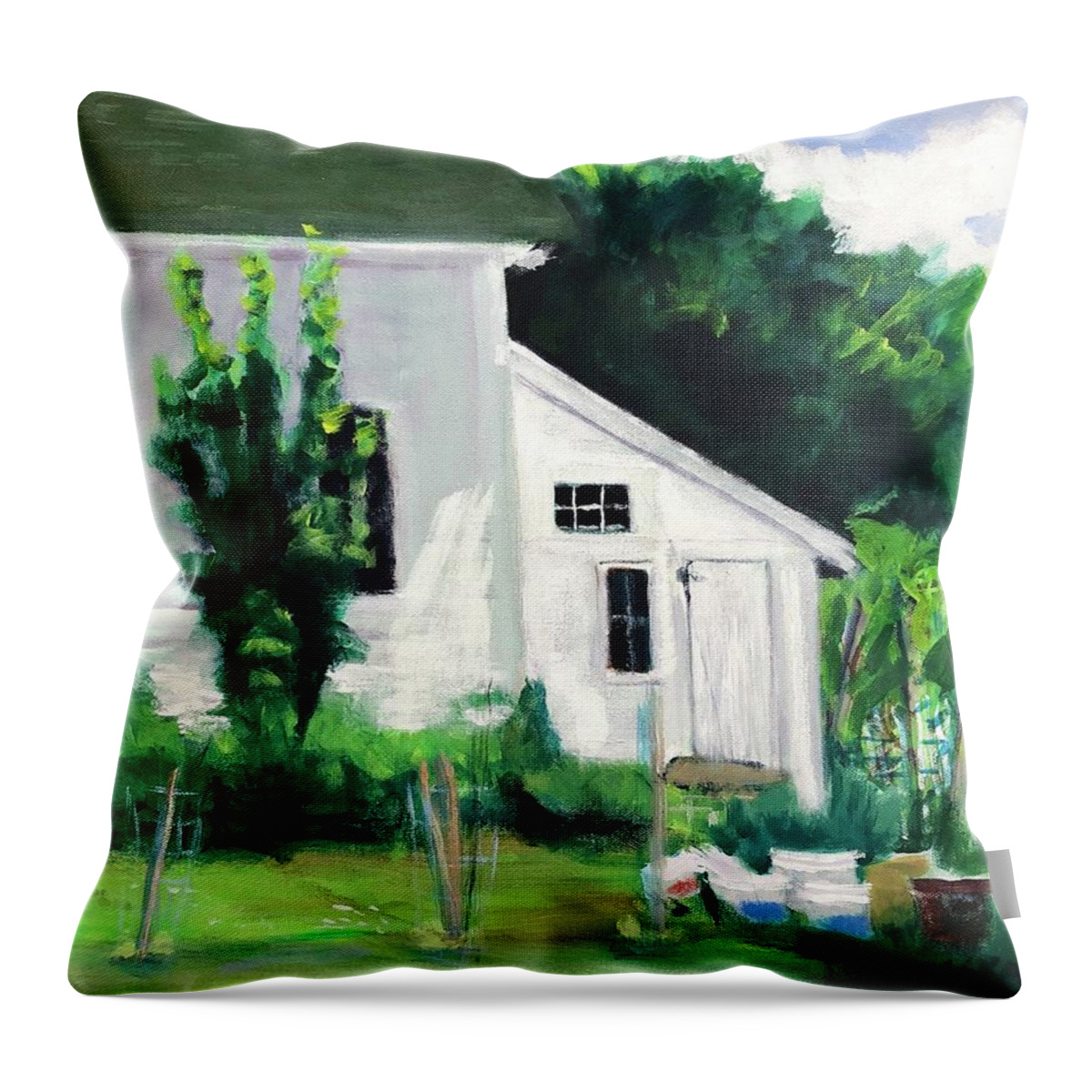 Home Town Throw Pillow featuring the painting Garden Shed by Cyndie Katz