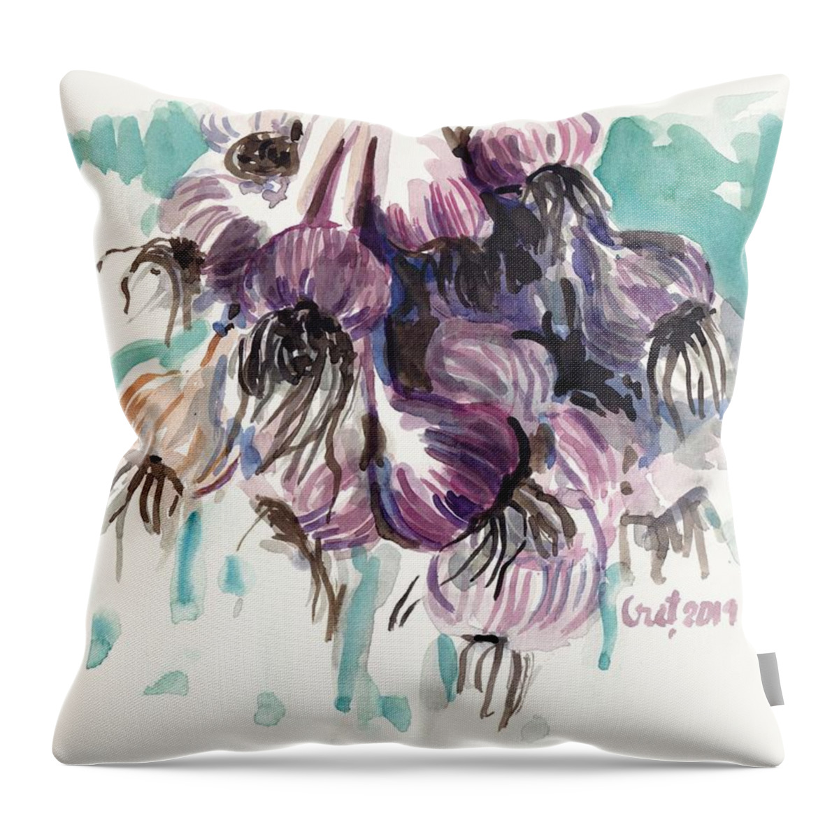 Garlic Throw Pillow featuring the painting Garlic Flowers by George Cret