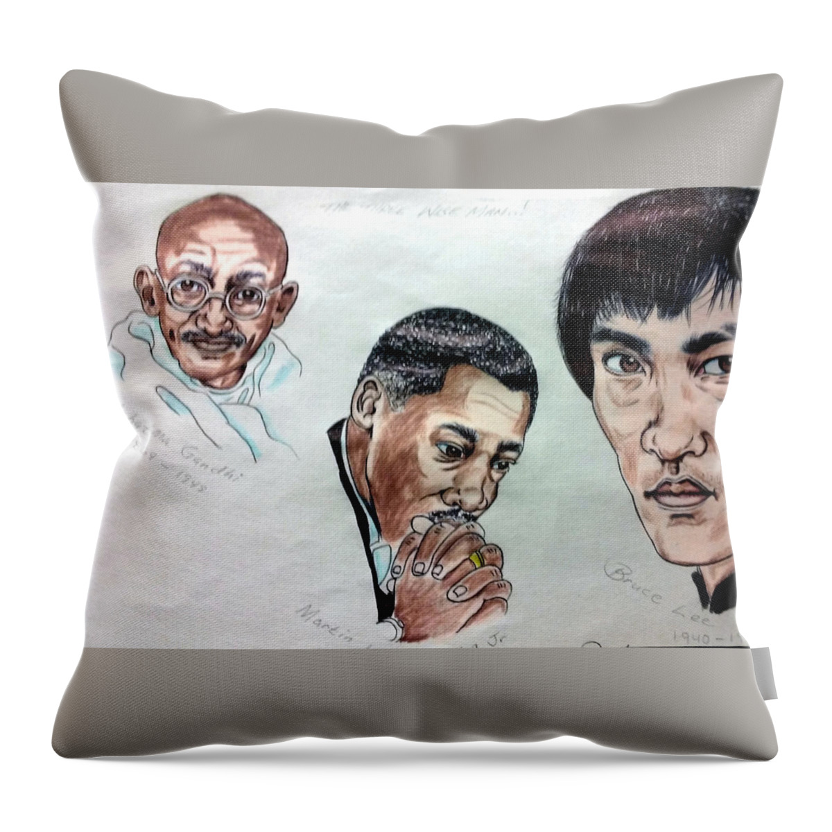 Black Art Throw Pillow featuring the drawing Ghandi, King, and Lee by Joedee