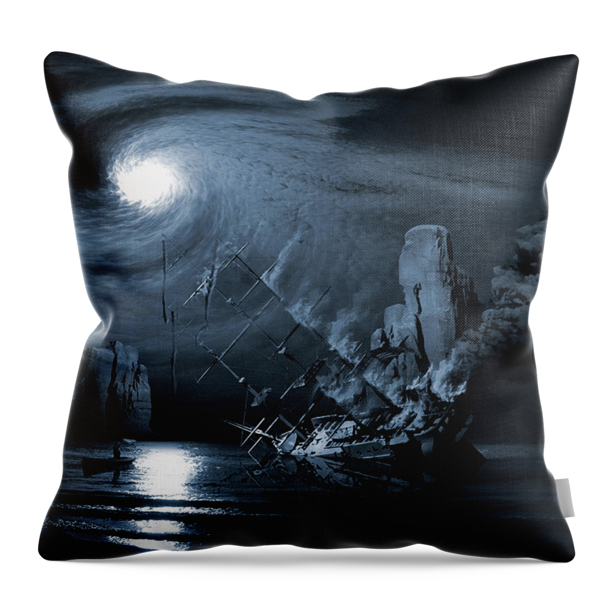 Legend Myth Saga Legend Boats Stories Fact Or Fiction Tall Tale Moonlight Vessel Yacht Phantom Flames Ocean Dark Examples Of Legends Examples Of Myths Throw Pillow featuring the digital art Ghost ship series The birth of the legend by George Grie