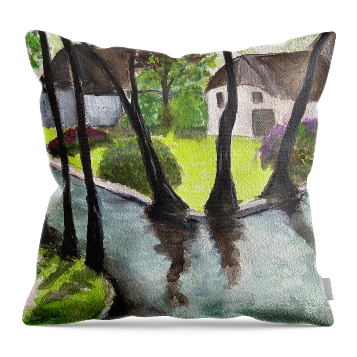 Netherlands Throw Pillow featuring the painting Giethoorn Netherlands Landscape by Roxy Rich