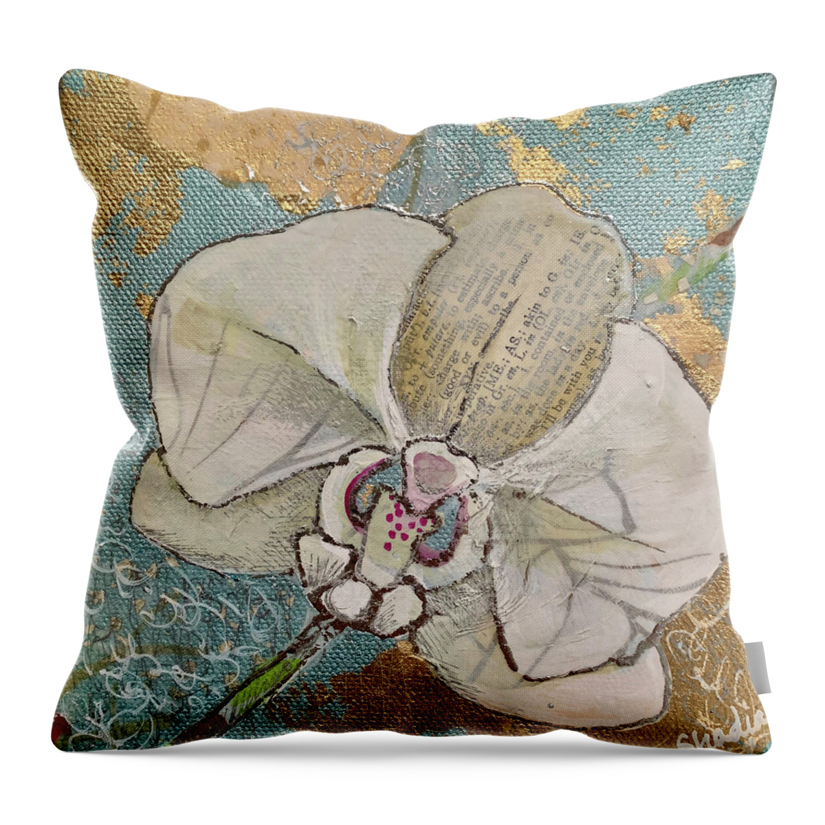 Orchid White Orchids Flowers Blossom Tropical Tropics Love Beauty Whitish Soft Delicate Green Fragile Fertility Refinement Thoughtfulness Charm Phalaenopsis Reverence Gold Gold Leaf Metallic Elegance Elegant Graceful Petite Dow Gardens Garden Midland Dowgarden Gold Collage Shadia Blue Pale Blue Soft Blue Throw Pillow featuring the painting Gilded Orchid I by Shadia Derbyshire