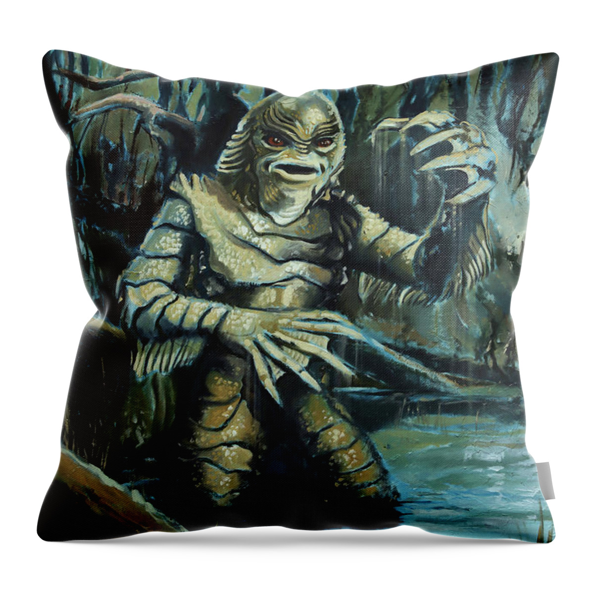 Gothic Throw Pillow featuring the painting Gill-Man - Creature from the Black Lagoon by Sv Bell
