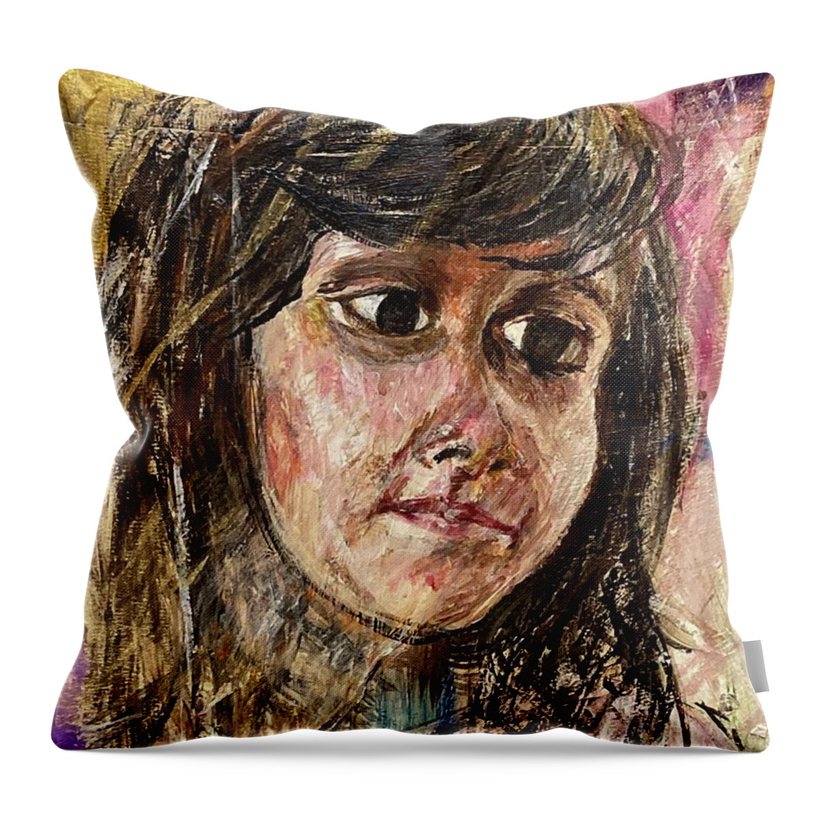 Portrait Of A Young Girl On Colorful Background. Part Of A Family Portraits Series. Throw Pillow featuring the painting Girl by David Euler