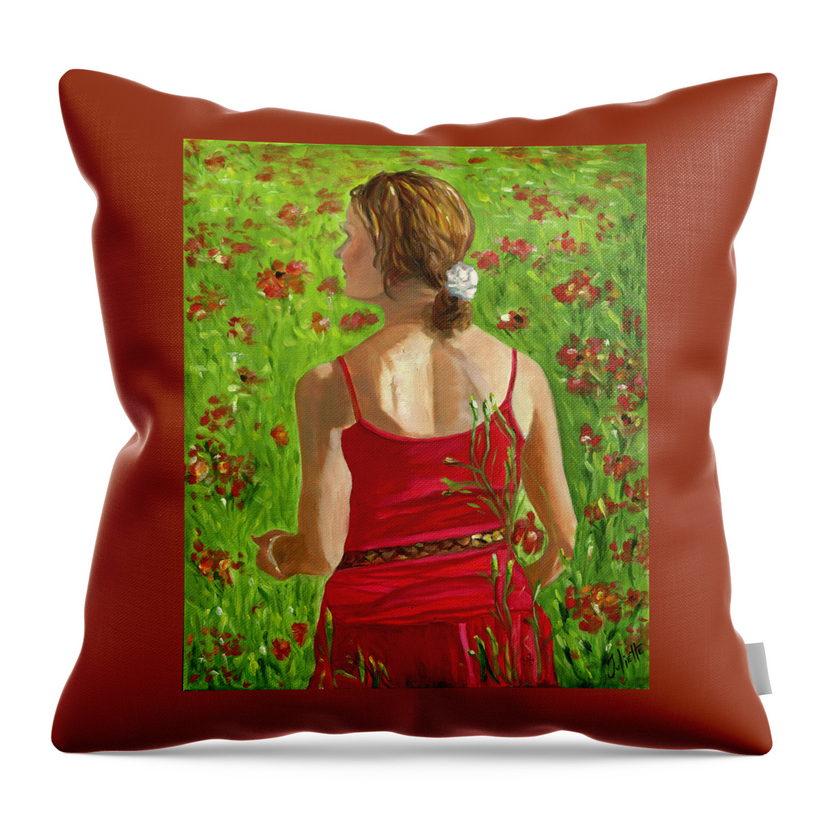 Woman Throw Pillow featuring the painting Girl in Poppy Field by Juliette Becker
