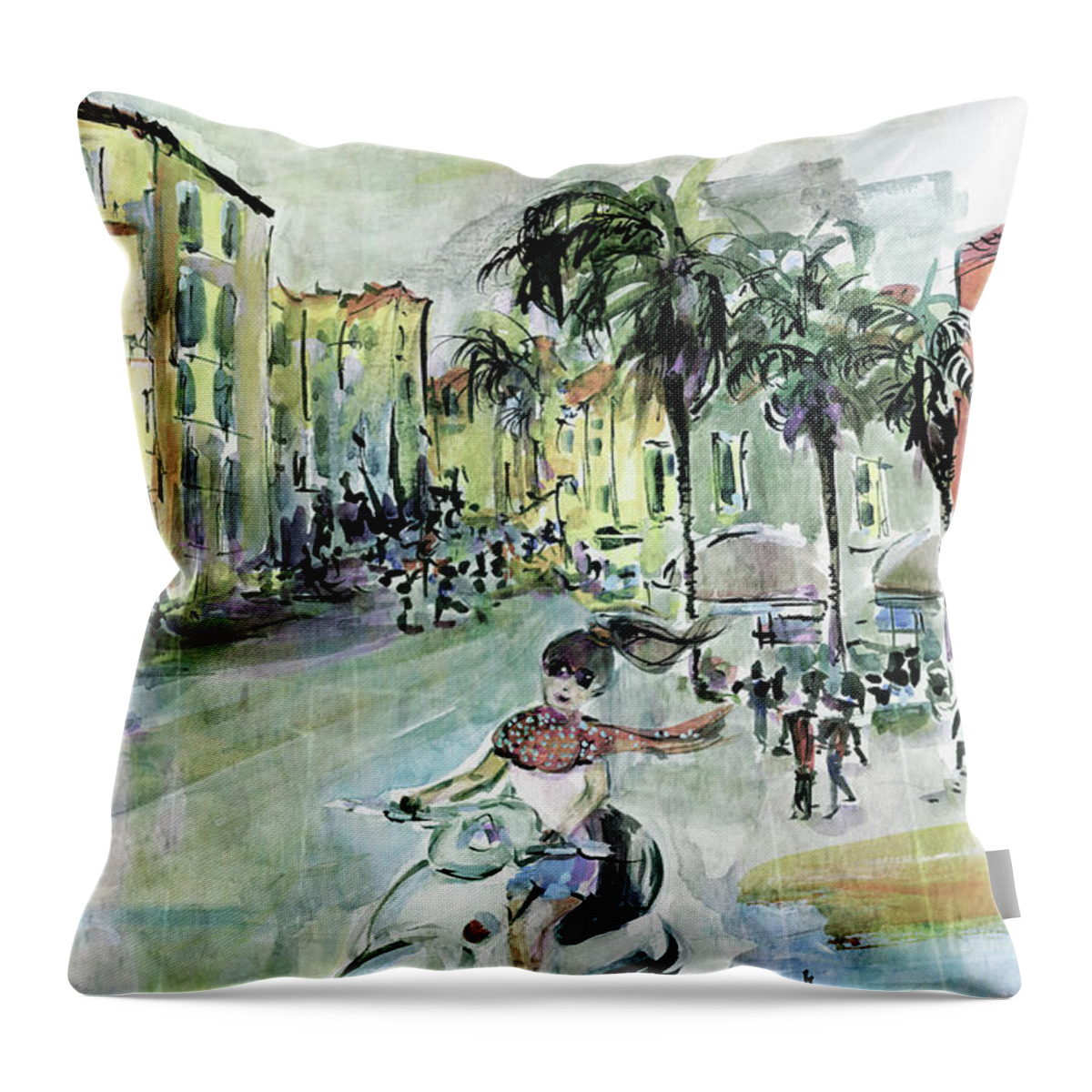Italy Throw Pillow featuring the mixed media Girl on Vespa in Sorrento Italy Vintage Colors by Ginette Callaway