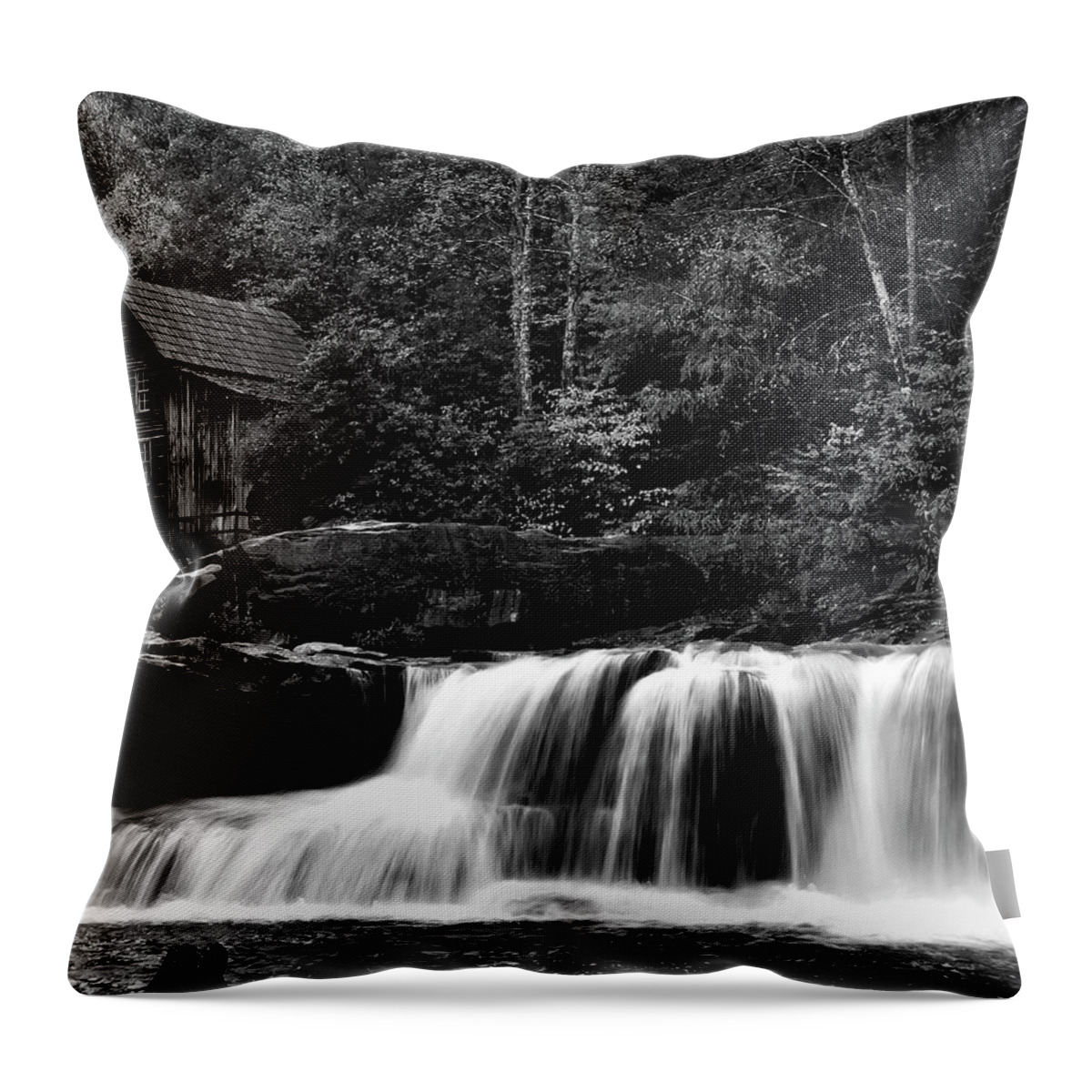Glade Creek Throw Pillow featuring the photograph Glade Creek Grist Mill Monochrome by Flees Photos