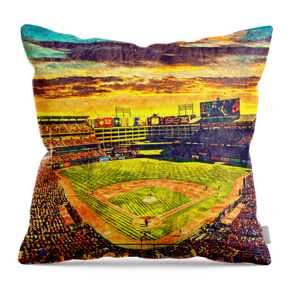 Globe Life Park Throw Pillow featuring the digital art Globe Life Park in Arlington, Texas, at sunset - digital painting by Nicko Prints