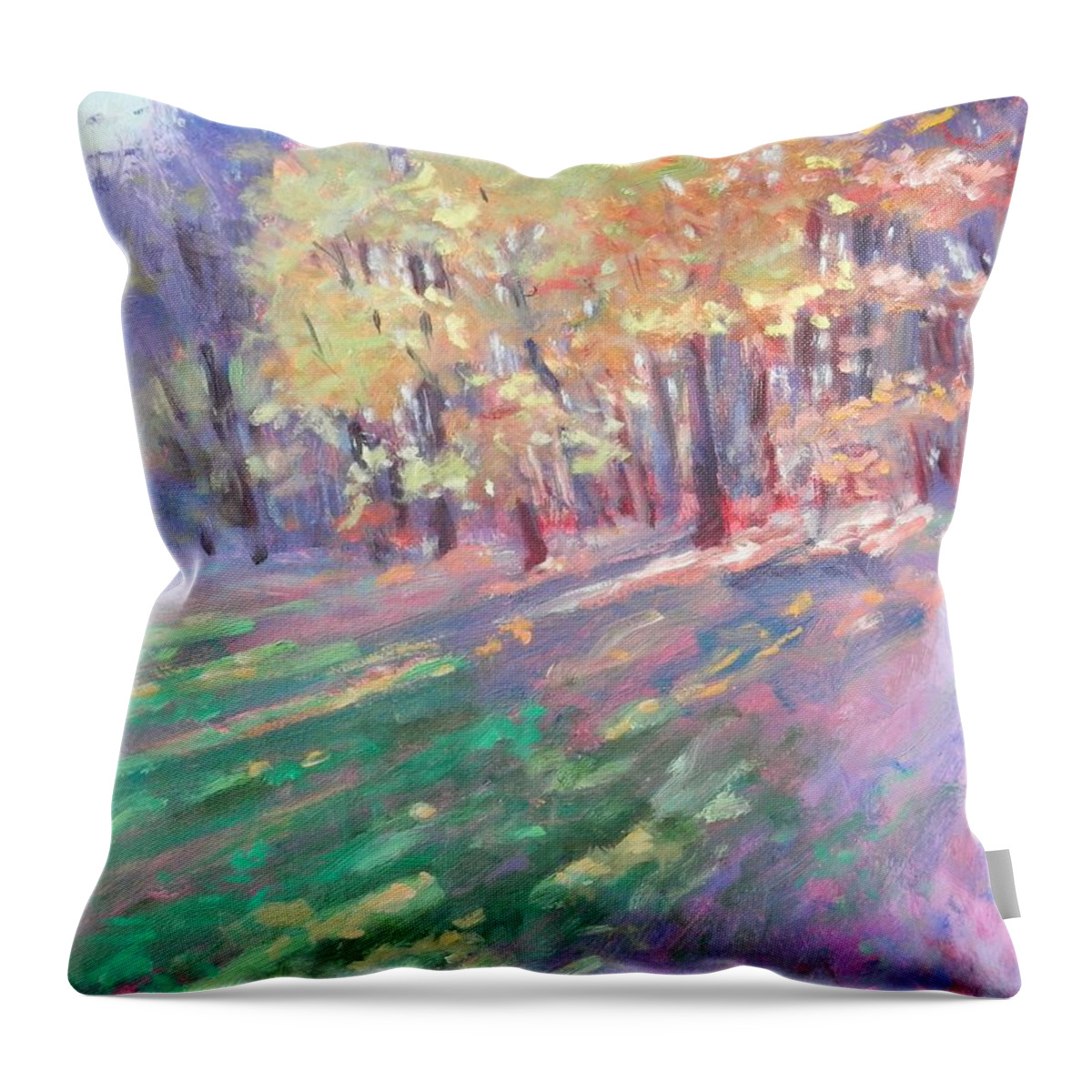 Glow; Autumn; Trees; Sun; Sunshine; Shadows; Fall; Abstract; Leaves; Foliage; Grass; Yellow; Orange; Blue; Green; Purple; Violet; Sky; Forest; Pennsylvania Throw Pillow featuring the painting Glow of Autumn by Michael Camp