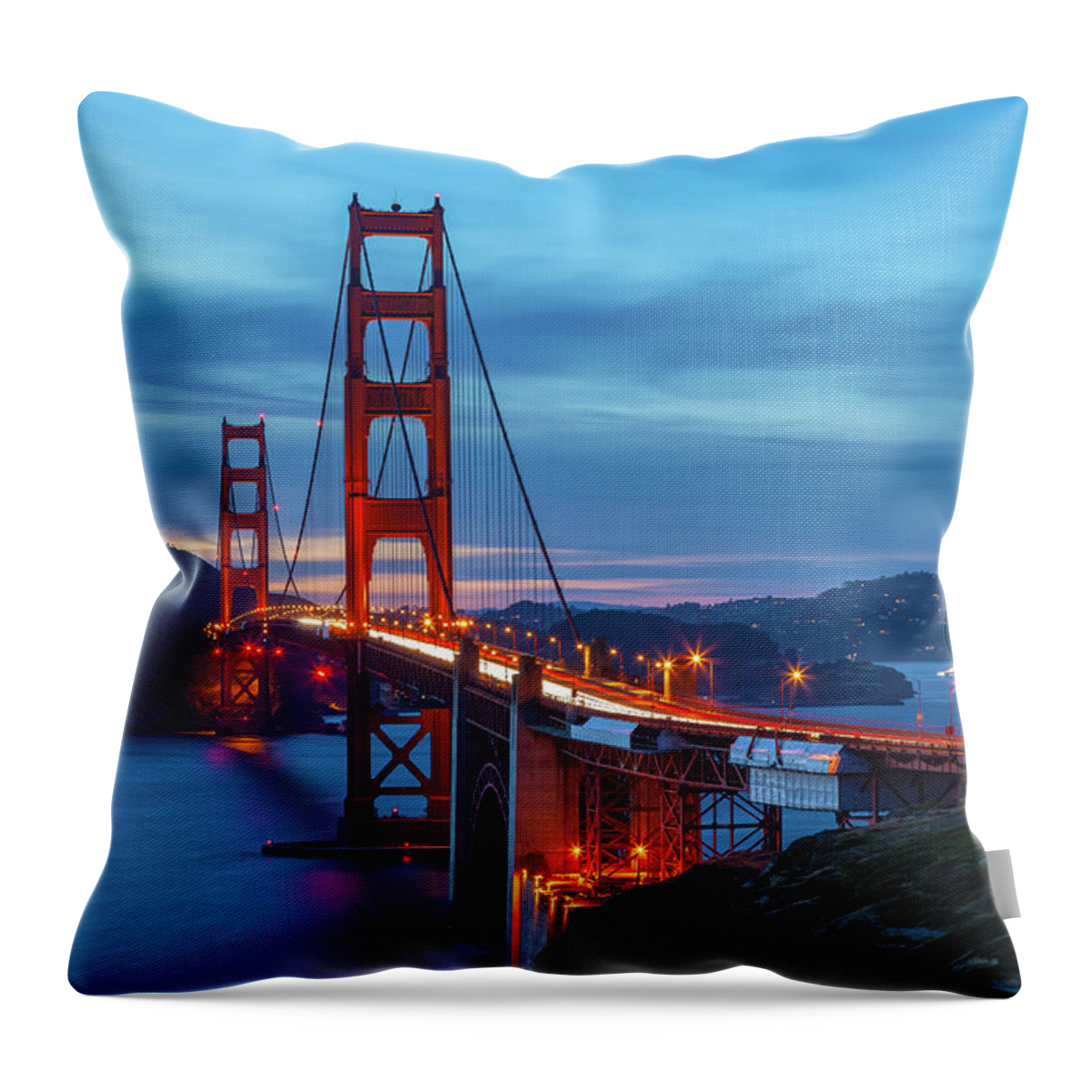 Shoreline Throw Pillow featuring the photograph Golden Gate At Nightfall by Jonathan Nguyen
