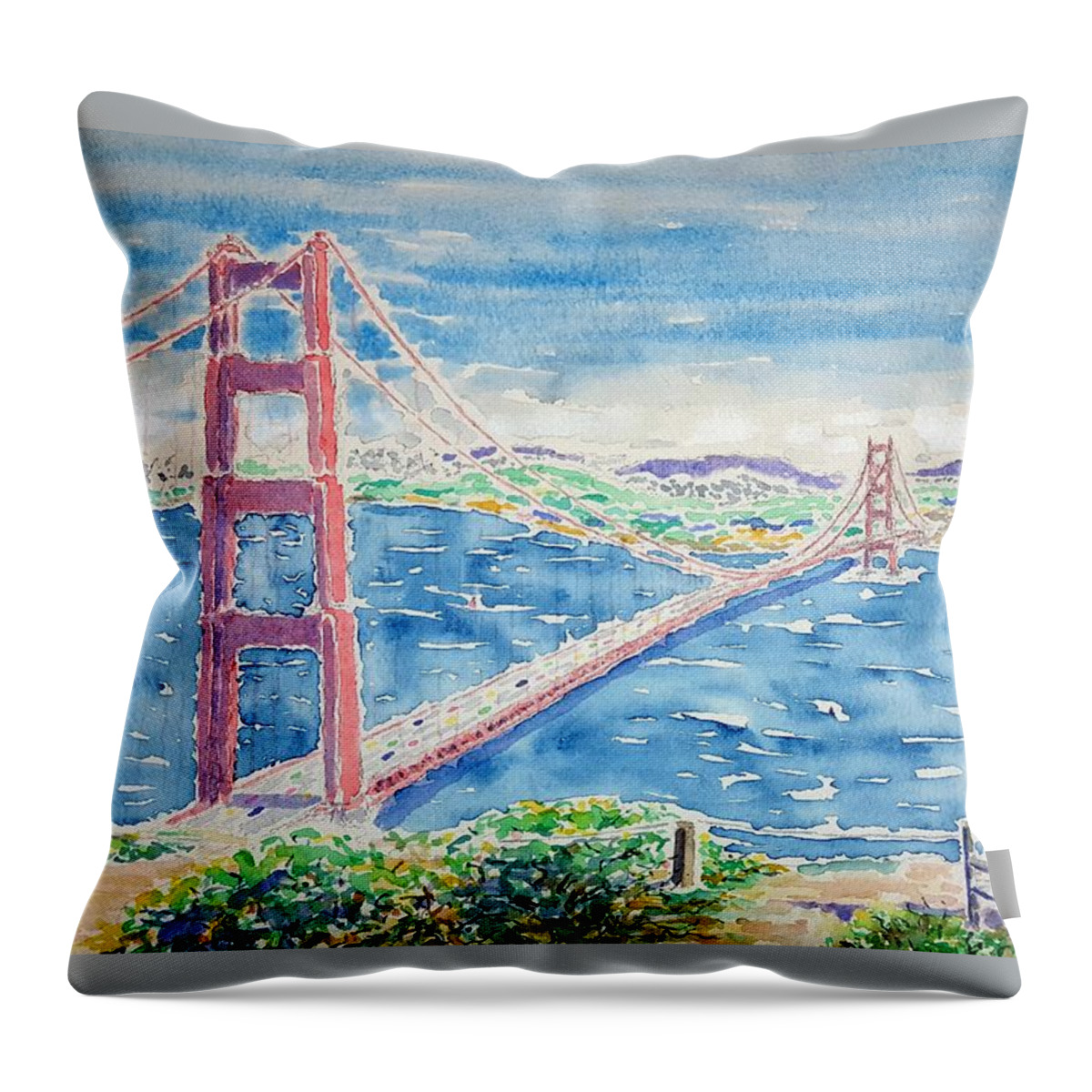 Watercolor Throw Pillow featuring the painting Golden Gate Vista by John Klobucher