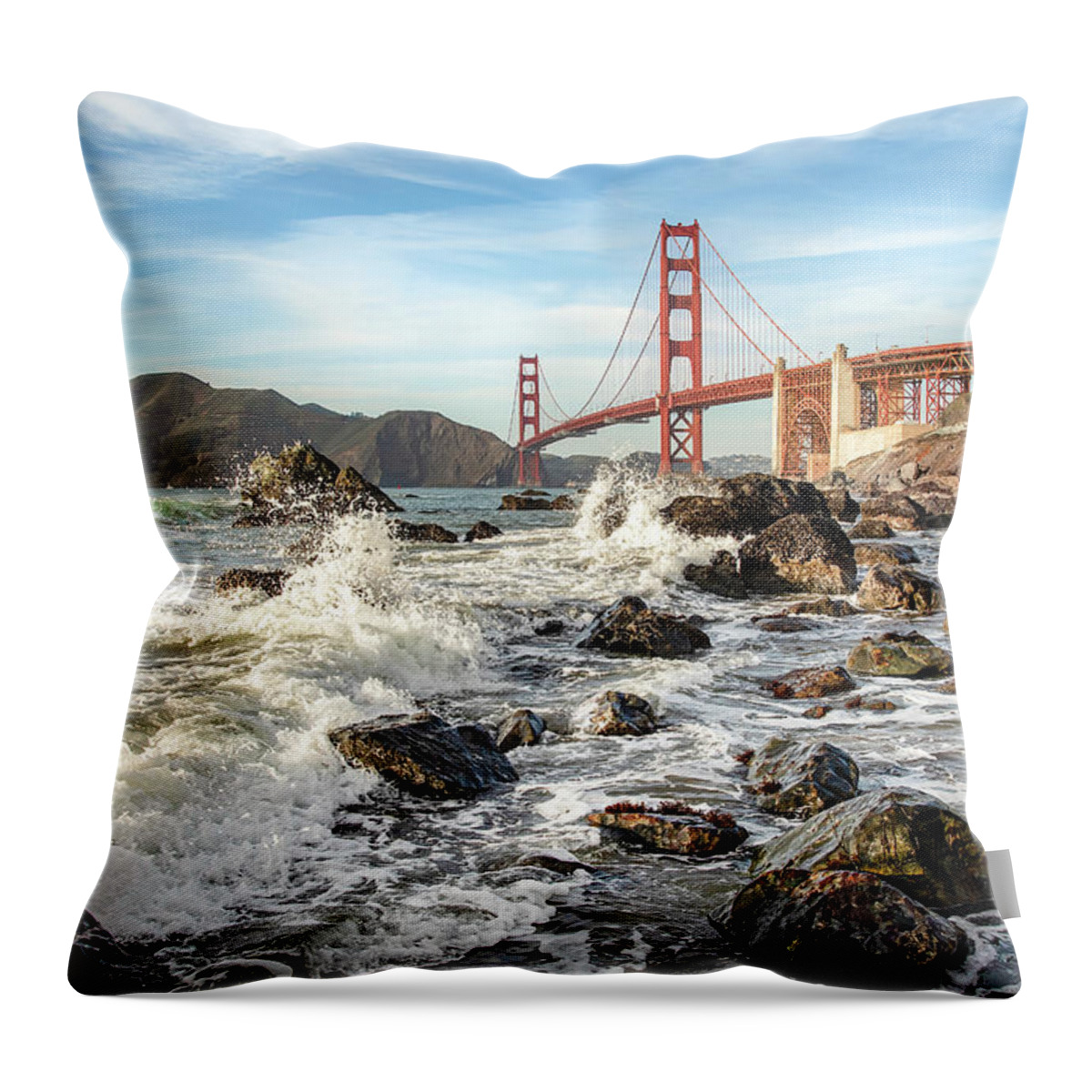Golden Gate Bridge Throw Pillow featuring the photograph Golden Splash by Gary Geddes