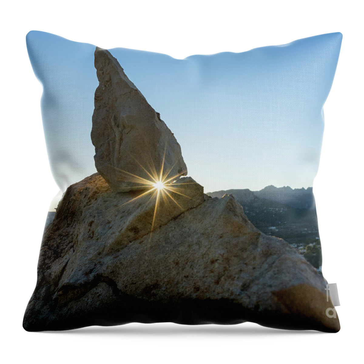 Mountain Landscape Throw Pillow featuring the photograph Golden sunbeams, rocks and blue sky by Adriana Mueller