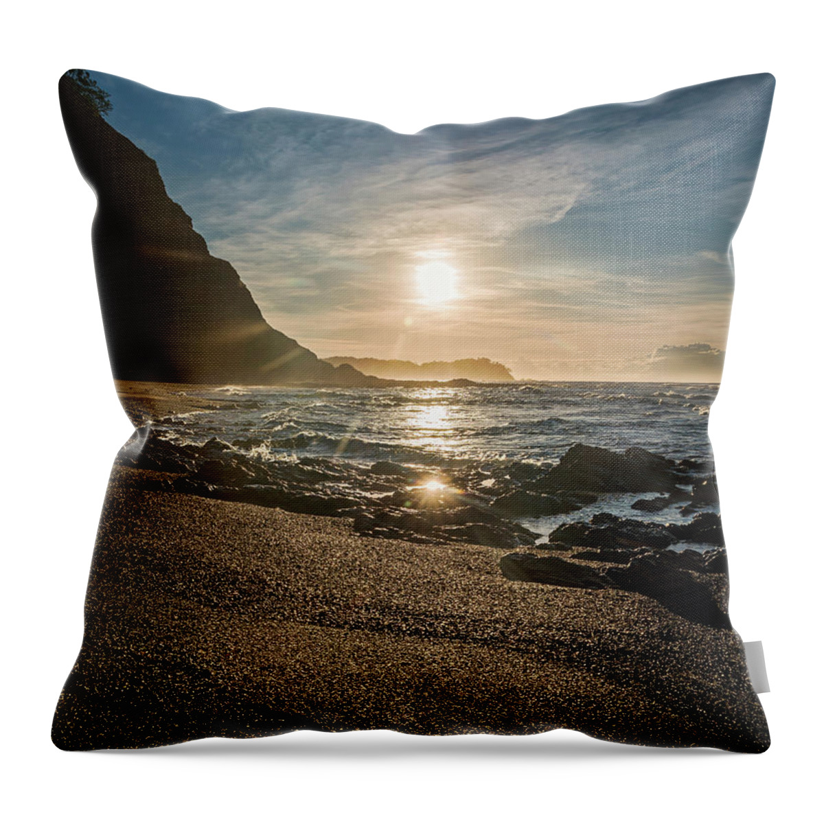 Central America Throw Pillow featuring the photograph Golden sunlight reflection on sand beach at Punta Samara by Henri Leduc