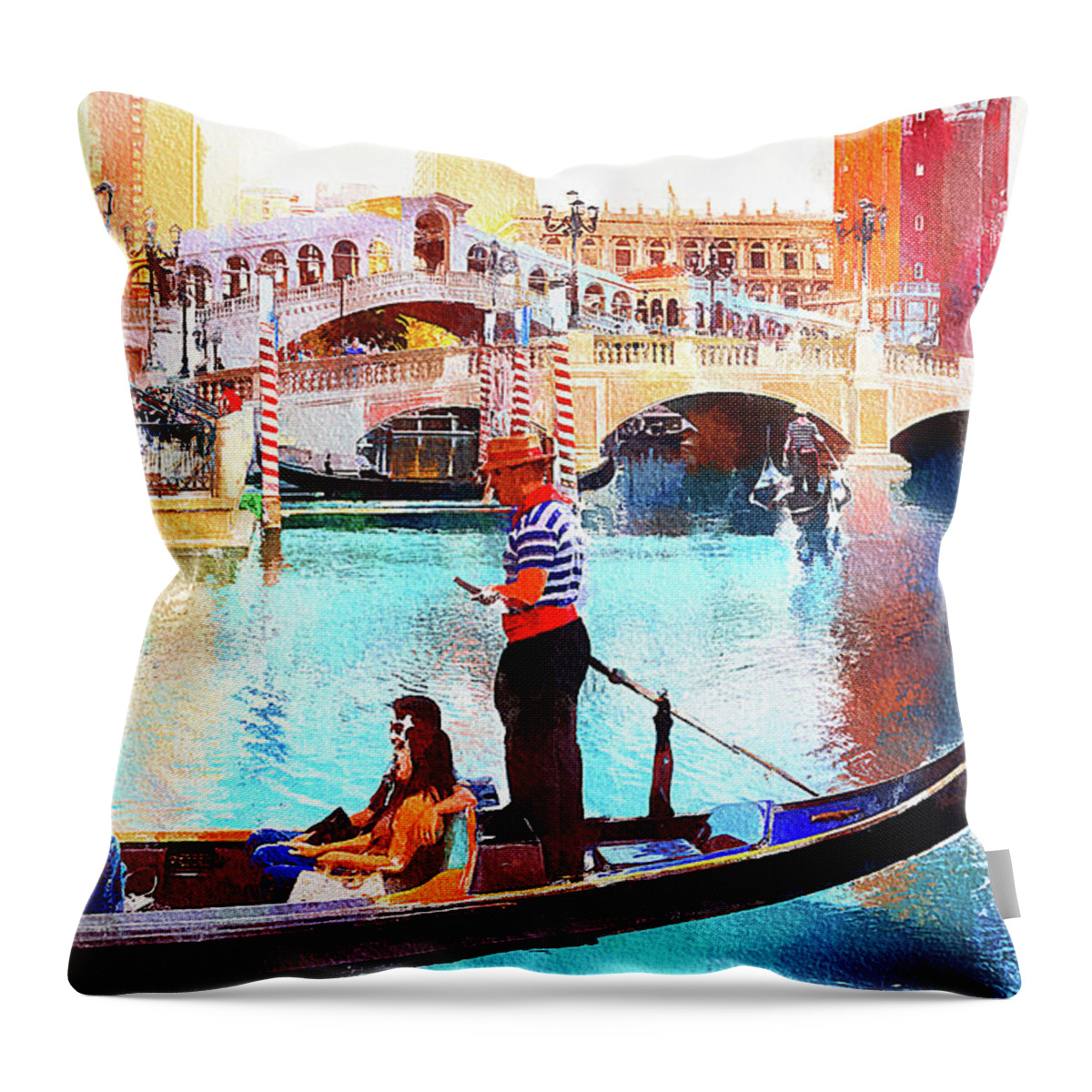 Venice Las Vegas Throw Pillow featuring the mixed media Gondola rides at the Venetian Las Vegas by Tatiana Travelways