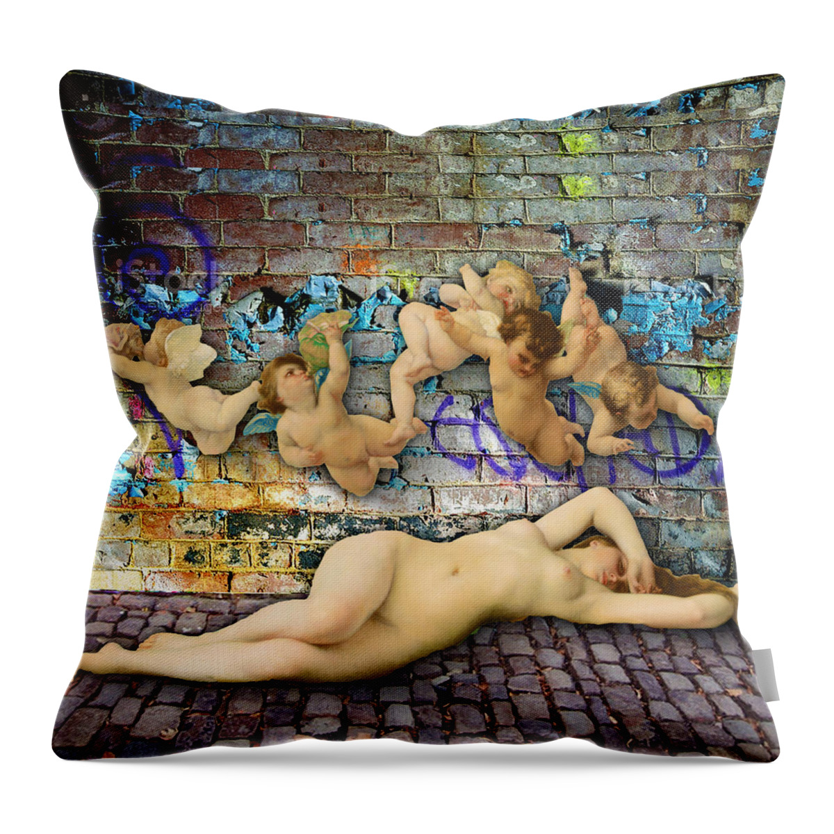Abstract Throw Pillow featuring the painting Graffiti Birth Of Venus by Tony Rubino