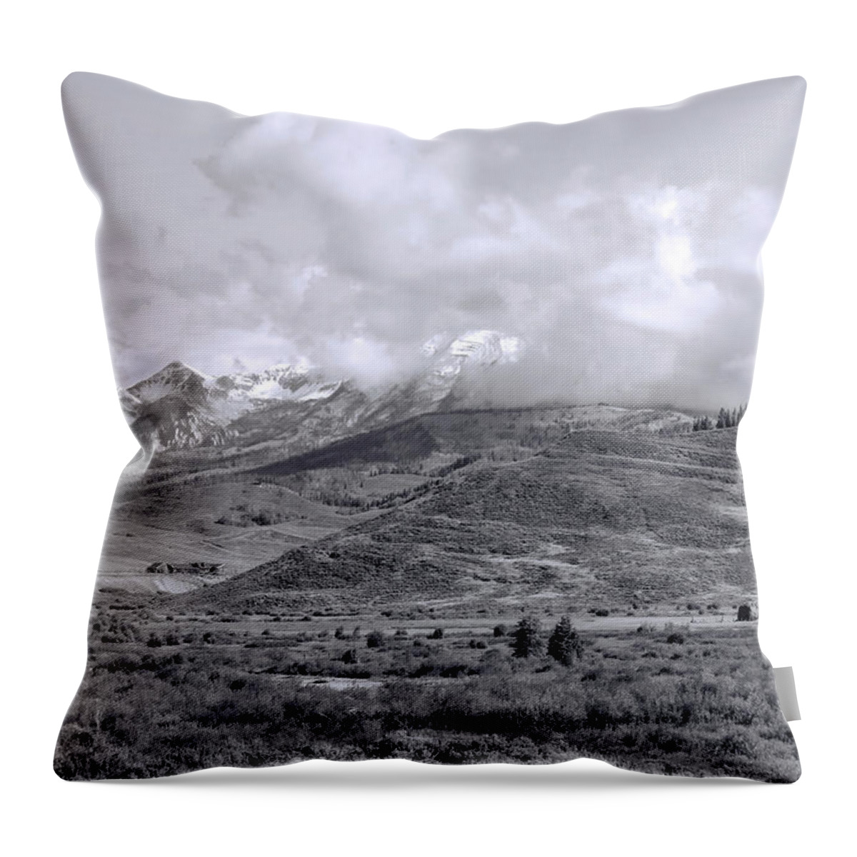 Grand Tetons Throw Pillow featuring the photograph Grand Tetons in the Clouds 1b by Cathy Anderson