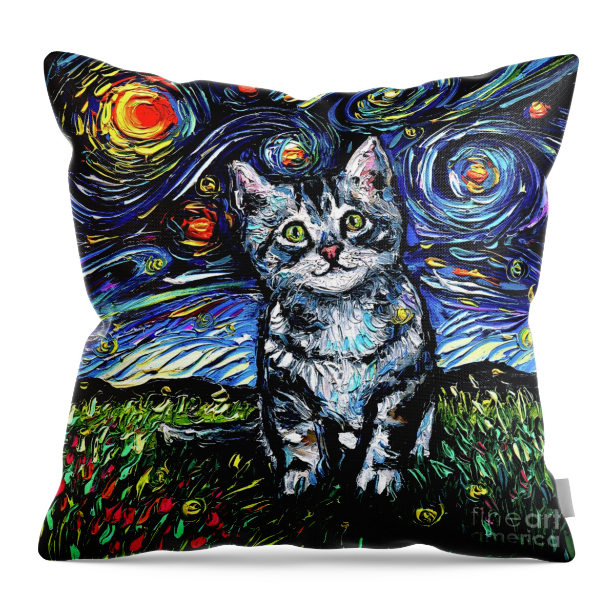 Gray Tabby Kitten Throw Pillow featuring the painting Gray Tabby Kitten Night by Aja Trier