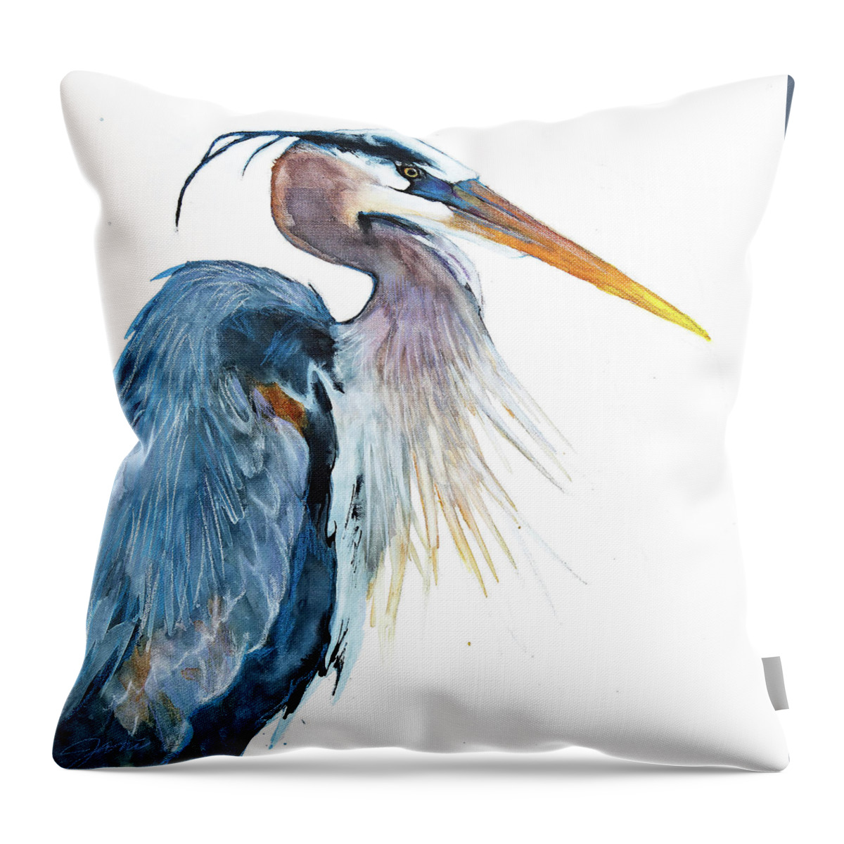 Great Blue Heron Throw Pillow featuring the mixed media Great Blue Heron by Jani Freimann