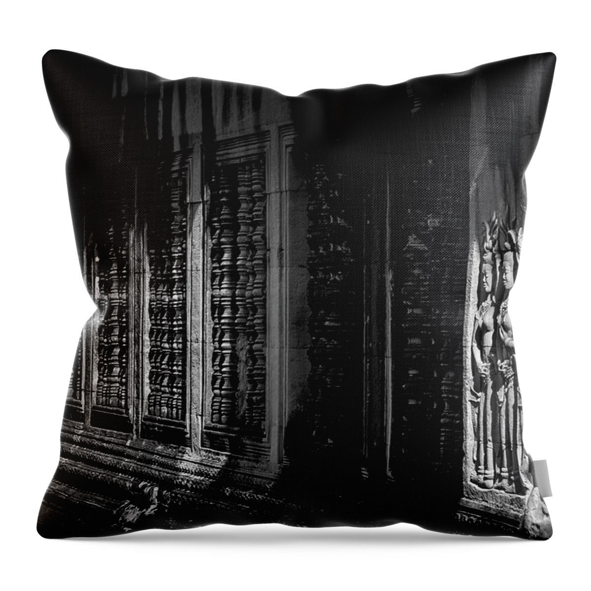 Cambodia Throw Pillow featuring the photograph Great Carved Wall of Angkor by Arj Munoz