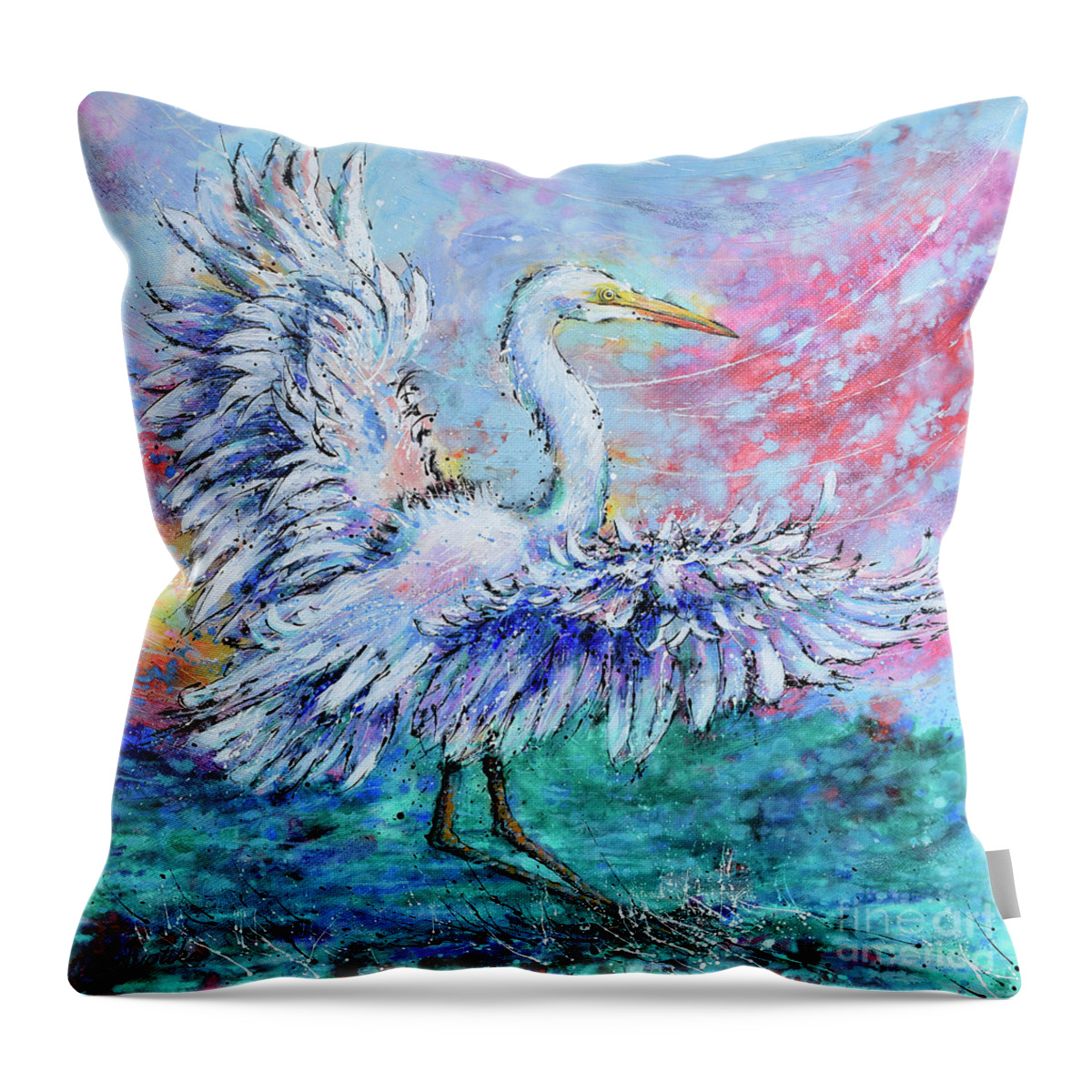  Throw Pillow featuring the painting Great Egret's Glorious Landing by Jyotika Shroff