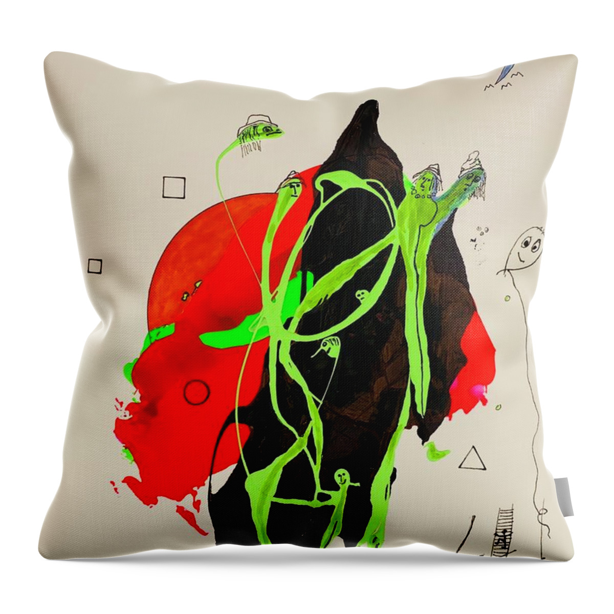  Throw Pillow featuring the mixed media Green Faces on Black and Red 11149 by Lew Hagood